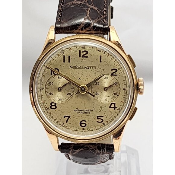 Vintage Monval 18K Rose Gold 37mm 17J Antimagnetic Chronograph Swiss Watch - Picture 1 of 16